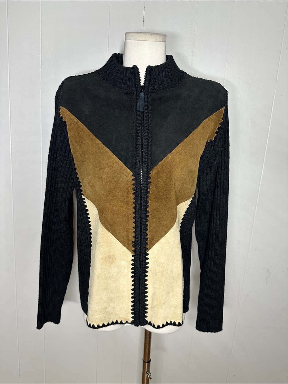 Vintage Genuine Leather Patchwork Ribbed Knit Full Zip Sweater